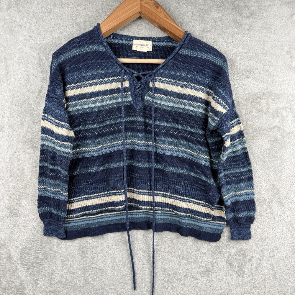 Denim & Supply Ralph Lauren Sweater Womens S Blue Striped Lace Up V-Neck Boho